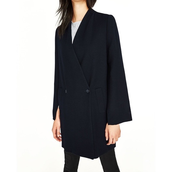 Zara Split-Sleeve Navy Blue Wool Blend Double Breasted Crossover Coat - Picture 15 of 15